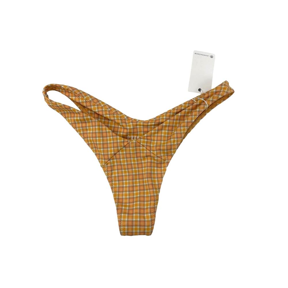 La Hana Swim - V Thong Check Bikini Bottoms in Orange & Blue